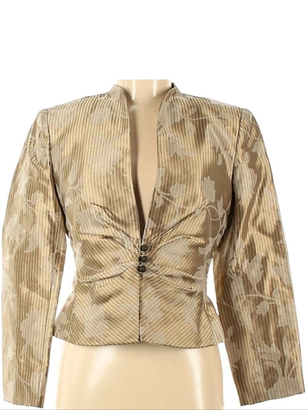 Silk Brocade Kay Unger Designer Fitted Blazer Jacket Tan Gold Floral Tonal 90s